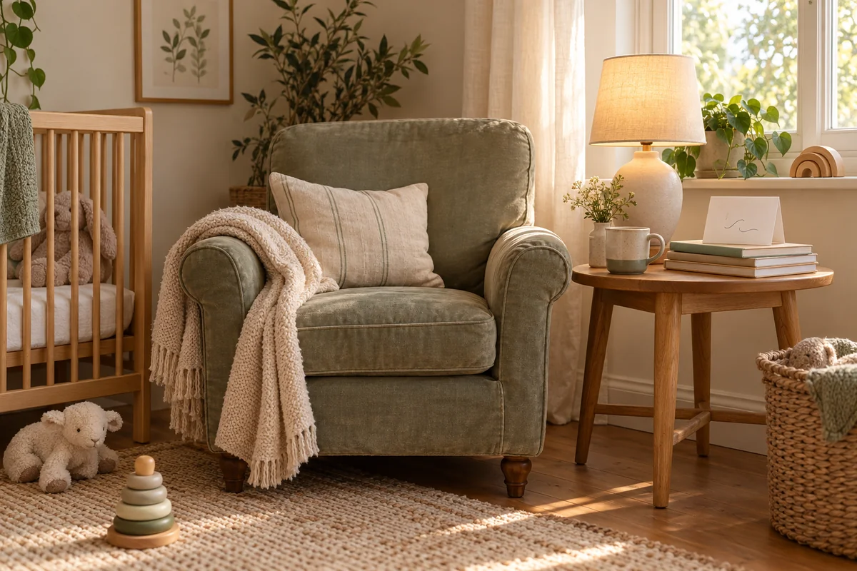 A dad-sized armchair by a nursery window with a folded blanket and a lamp.