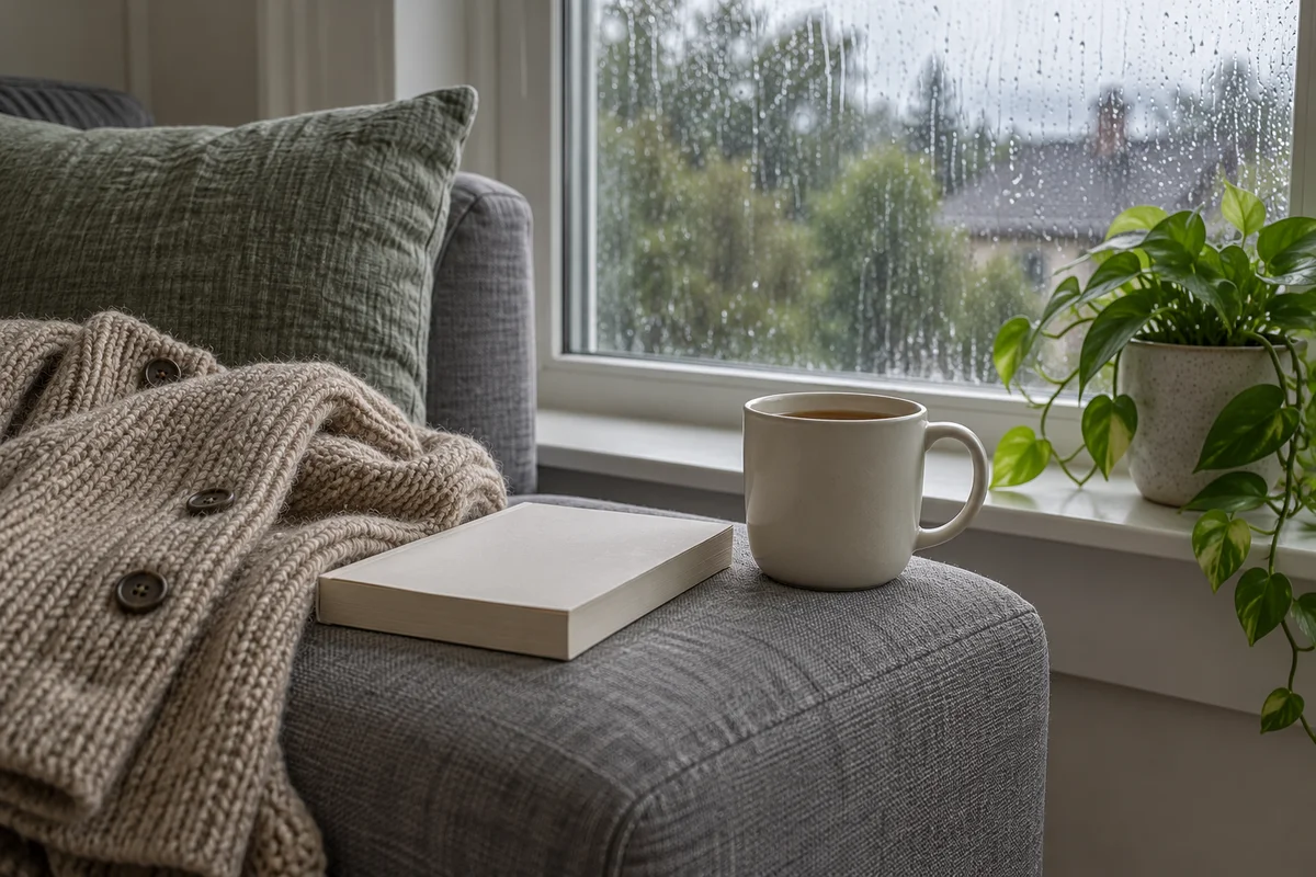 A mug of tea and a folded cardigan on a sofa arm beside a window with a rainy view.