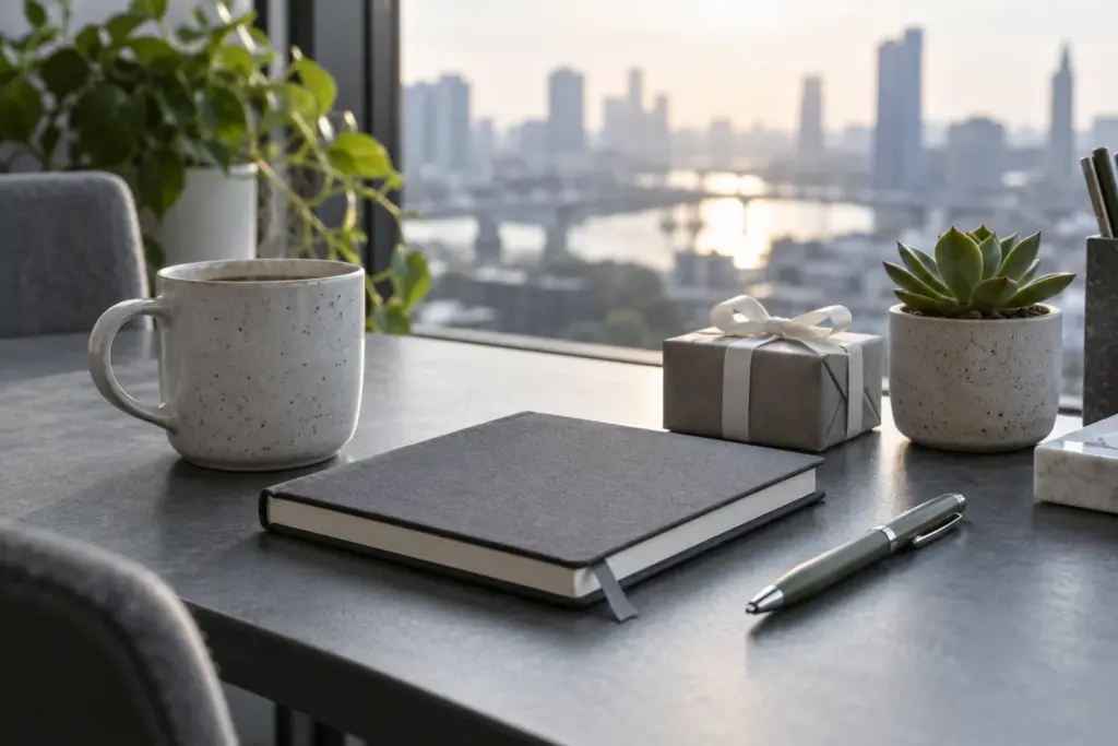 A tidy office desk with a plain mug, a notebook and a small wrapped gift.