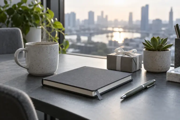 A tidy office desk with a plain mug, a notebook and a small wrapped gift.