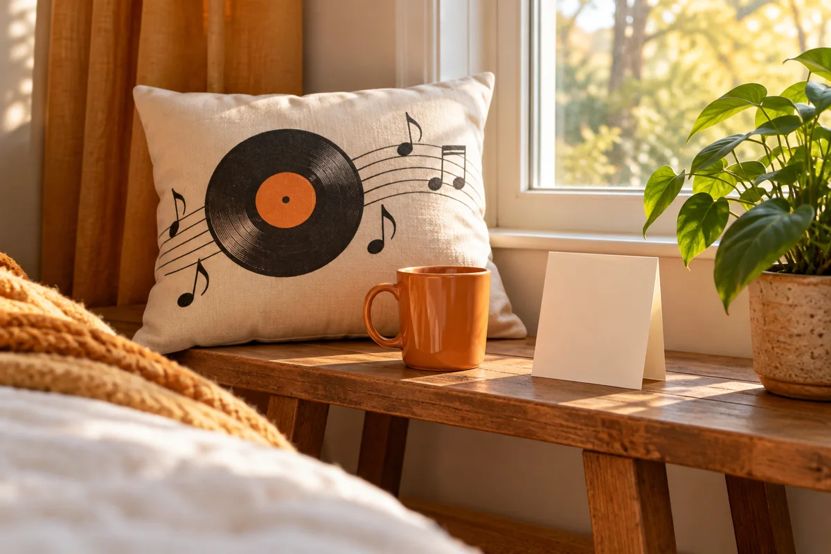 A pillow, a mug and a blank card on a bedside bench beside a window.