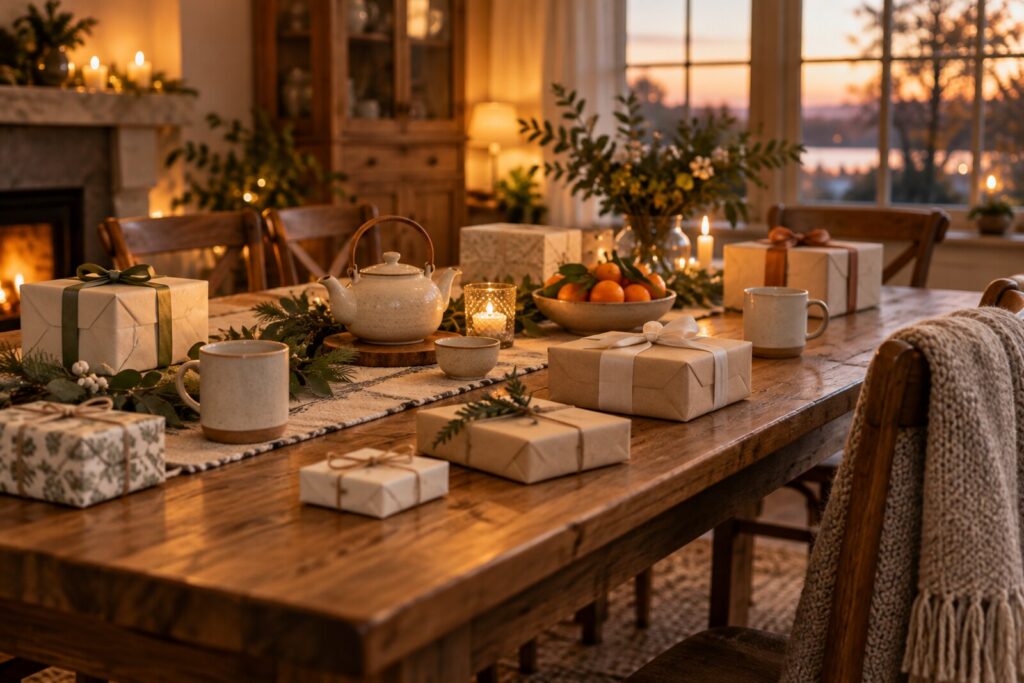 A family table with wrapped gifts, a tea set, mugs and a folded blanket in warm evening light.