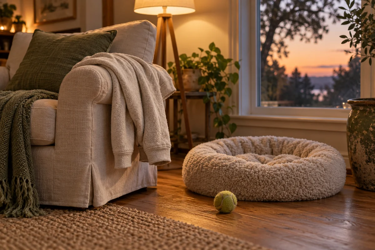 A cozy hoodie draped over a chair beside a dog bed and a ball on a floor.