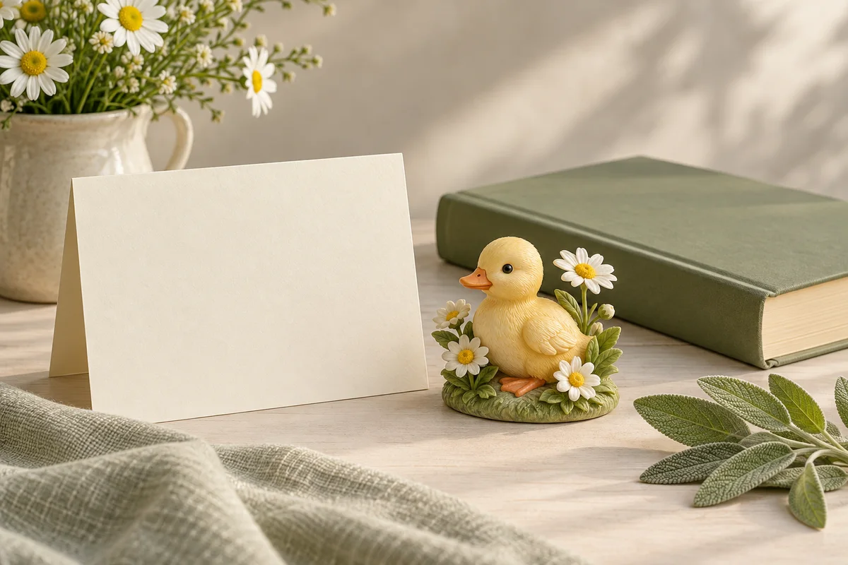 A blank card and a small ornament with a duckling design beside a closed picture book.
