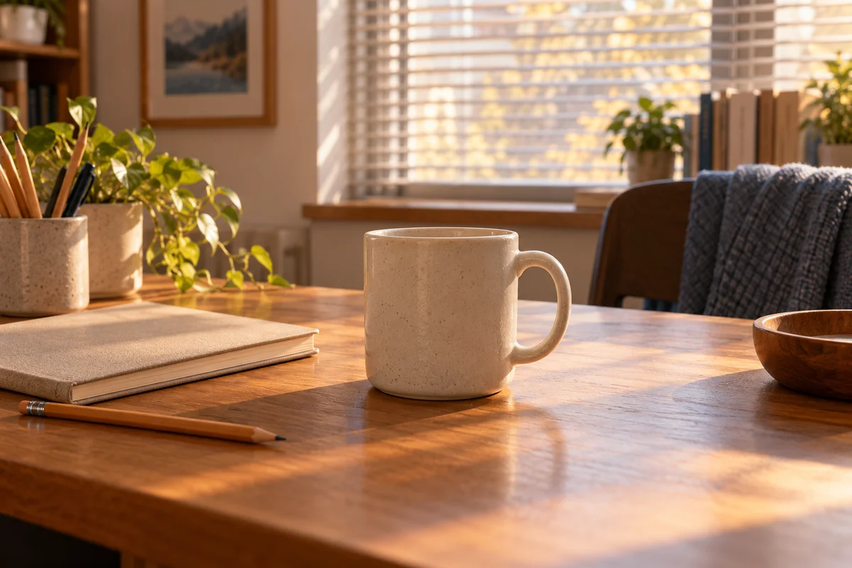 A single plain mug in front of a window, with a small notebook and a pencil on a desk.