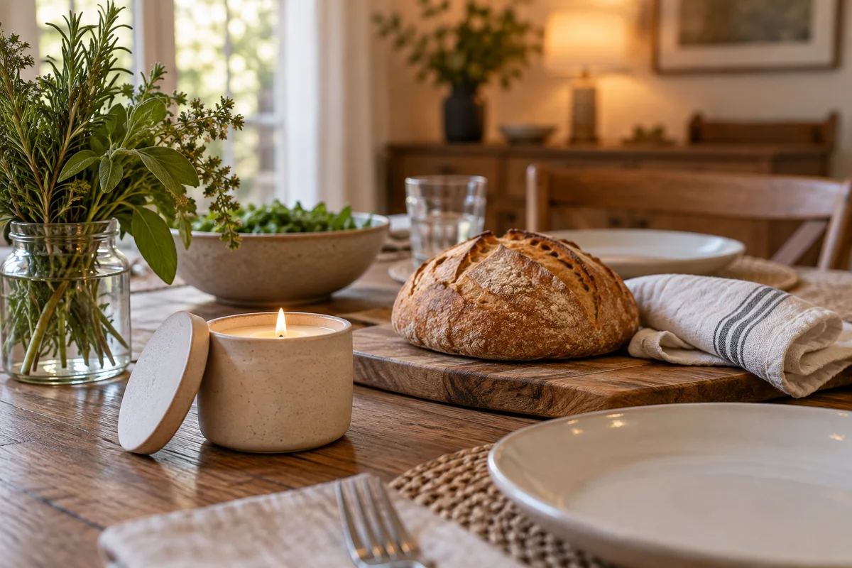 A small candle on a set dinner table beside a bread board and a plain napkin.