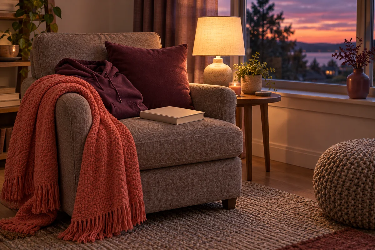 A folded hoodie and a throw blanket on an armchair by a window.