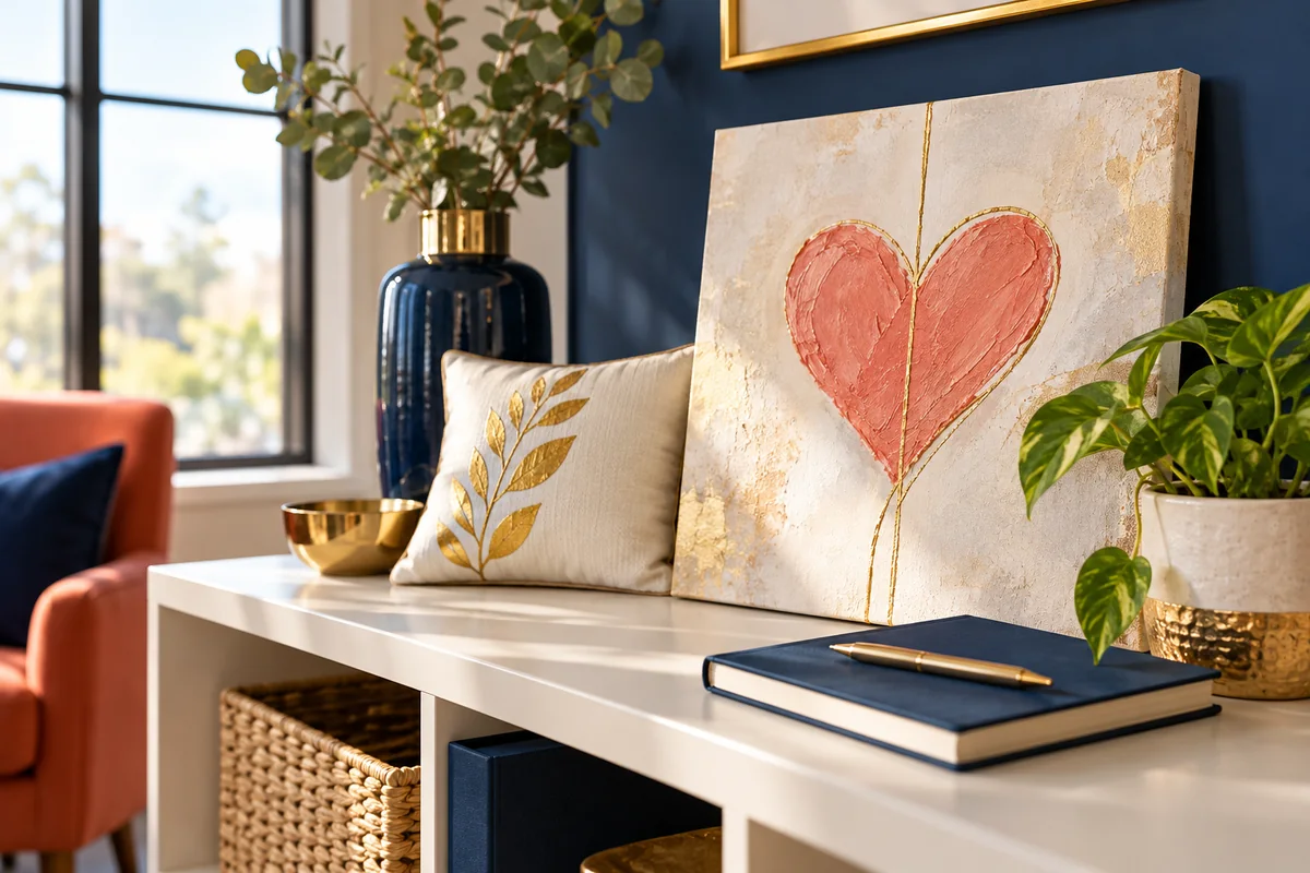 A shelf with a canvas print, a pillow and a small plant in a bright office corner
