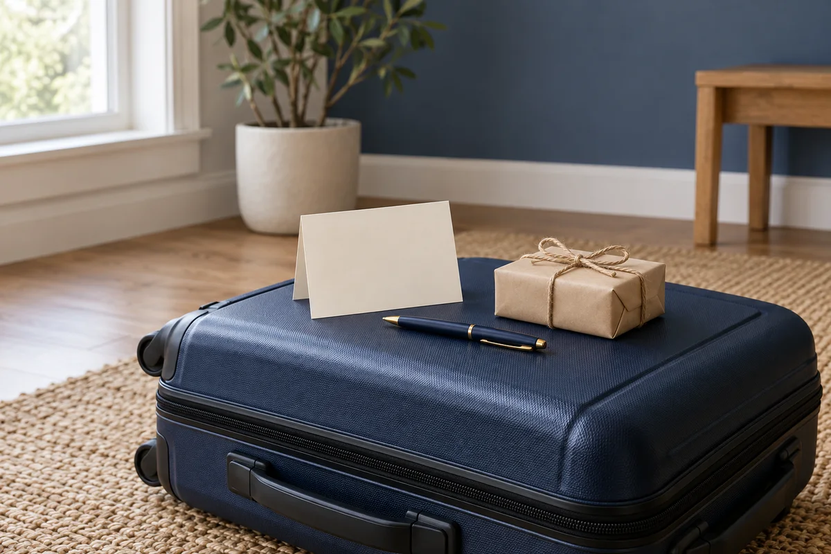 A blank card, a pen and a small wrapped gift beside a packed suitcase.
