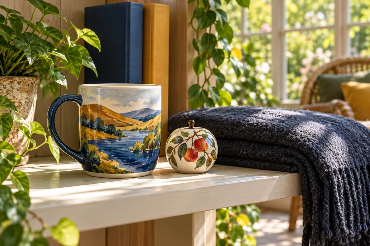 A mug, a small apple ornament and a folded blanket on a garden-room shelf.