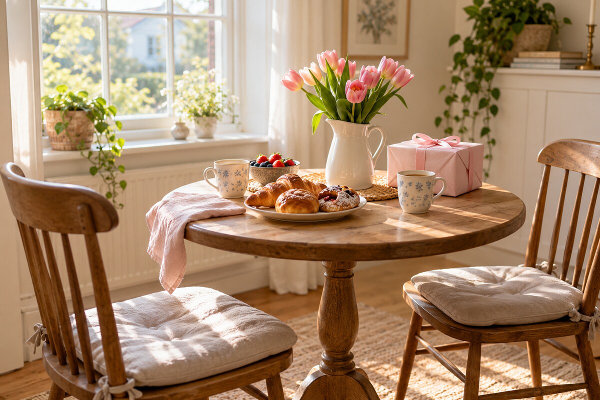 A small brunch table with pastries, flowers and a wrapped gift beside two empty chairs