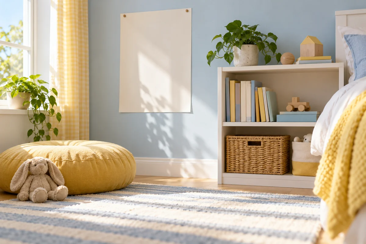 A blank poster on a pale blue wall above a low bookshelf and a round yellow cushion.