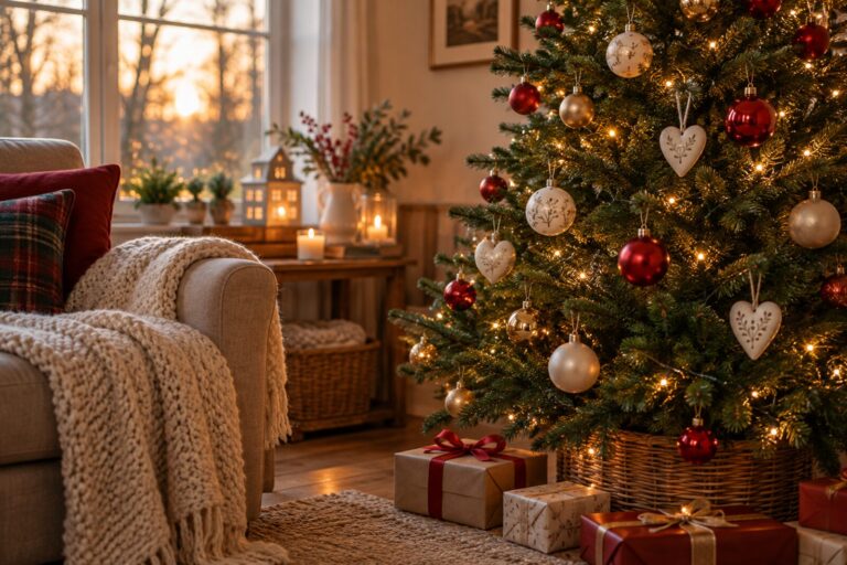 A small Christmas tree with a few white ornaments hanging near a window.