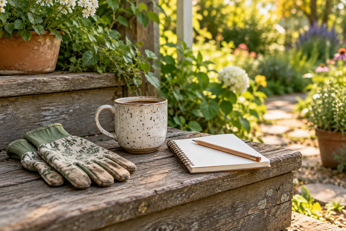 A garden break scene with a mug, a pair of gloves and a small notebook on a step.