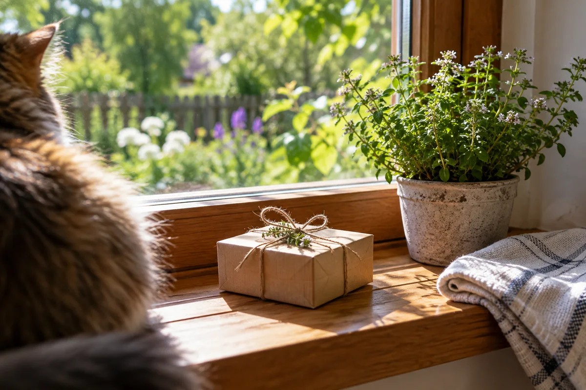 A cat watching the garden from a sunny windowsill beside a small gift box tied with string and a potted herb.
