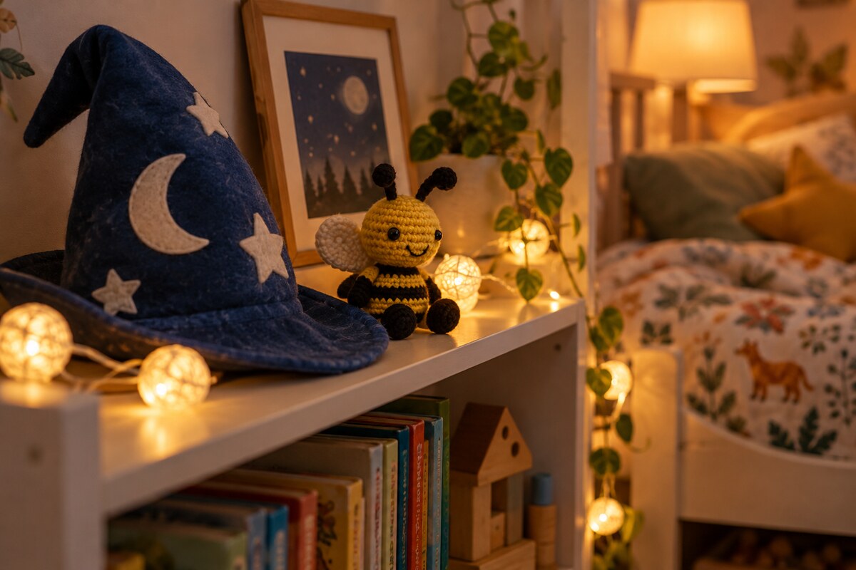 A child's wizard hat and a crocheted bee toy on a bedroom shelf beside a string of lights.