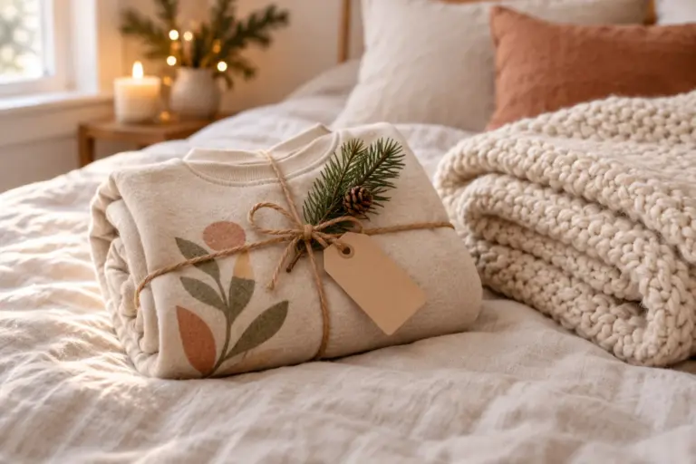 A rolled hoodie tied with twine and a folded throw on a bed with a sprig of greenery