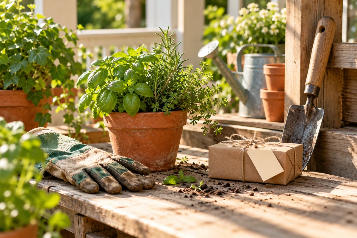 A kraft-wrapped gift with a blank tag beside a potted herb and a pair of garden gloves.