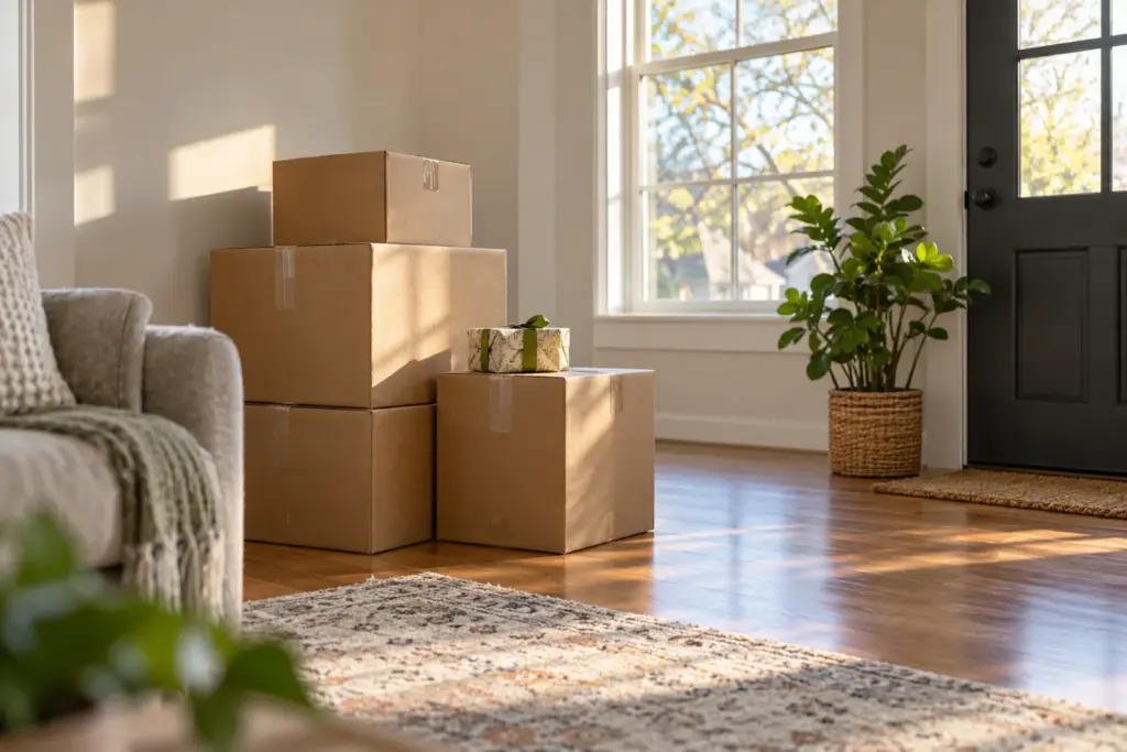 Packed cardboard boxes in a bright living room with a single wrapped gift on top.
