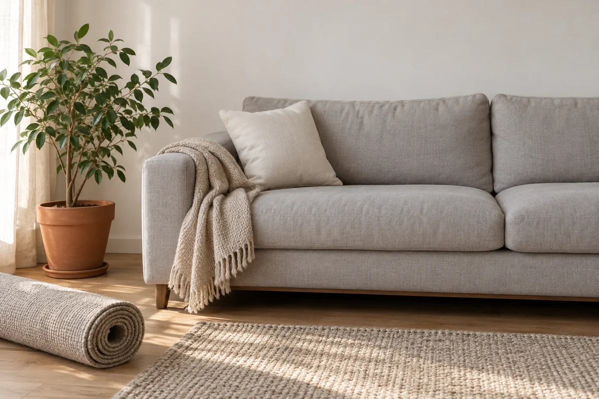 A cream throw pillow and a folded blanket on a pale sofa in front of a bare wall.