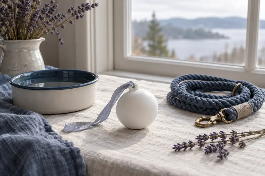 A plain round ornament, a small bowl and a leash on a cloth beside a window.