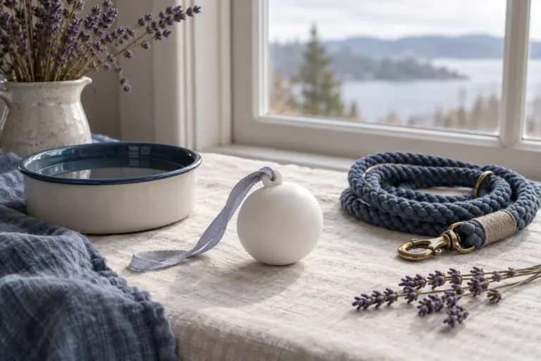 A plain round ornament, a small bowl and a leash on a cloth beside a window.
