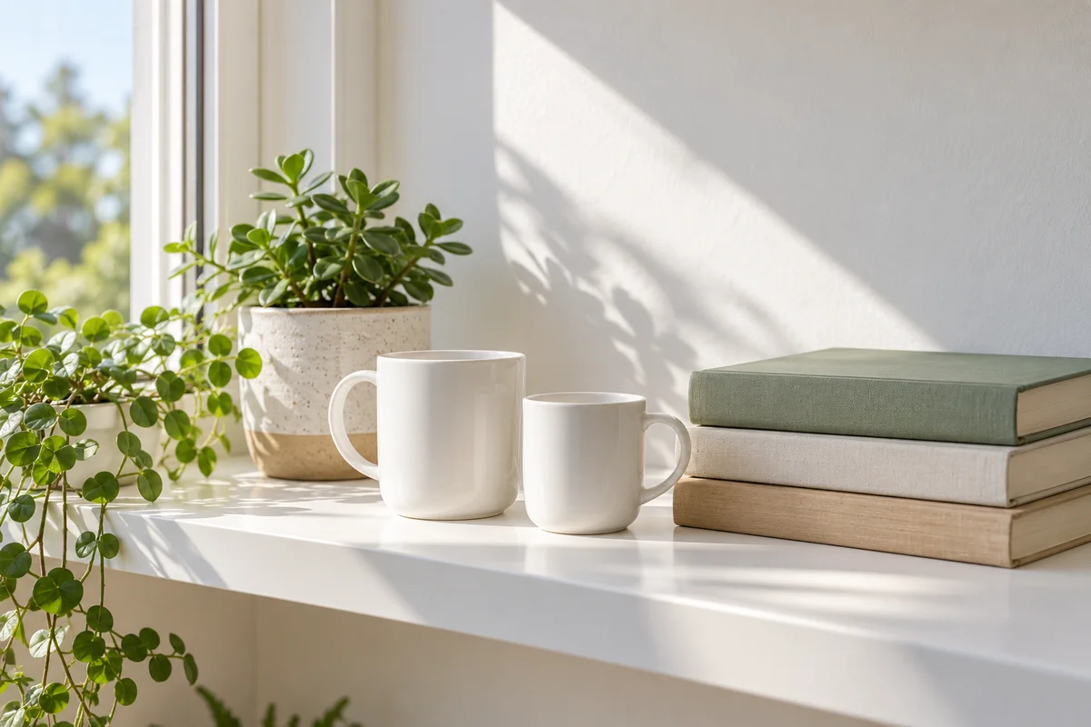 Two plain mugs and a small plant on a shelf near a bright window.