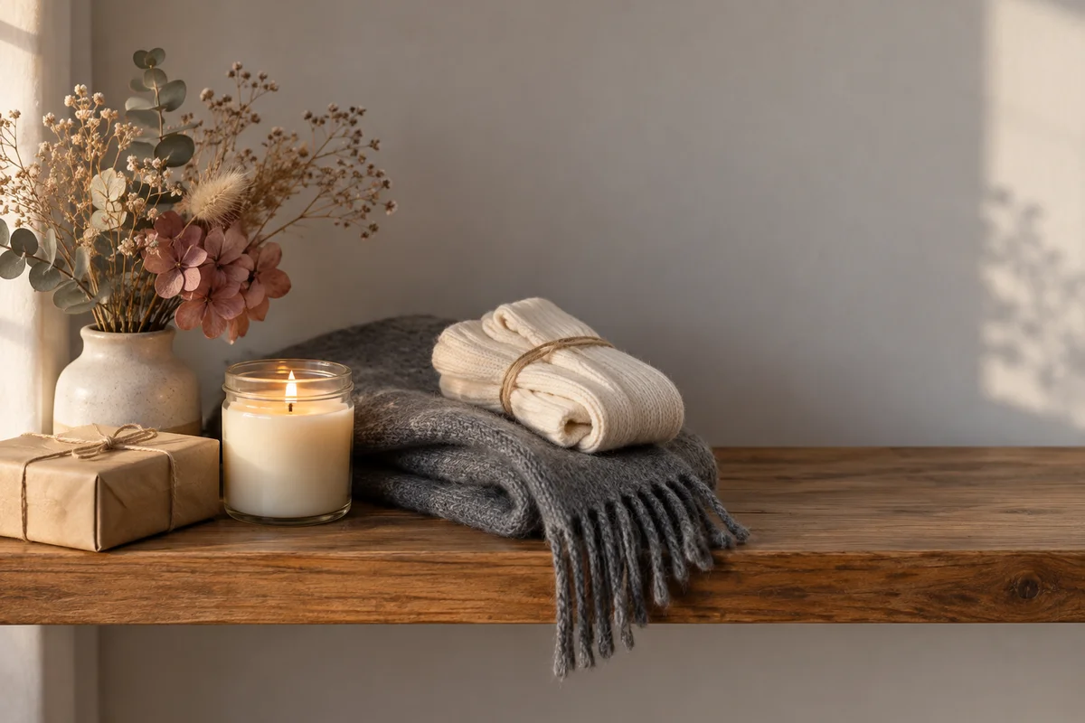 A small gift box and a plain candle on a shelf beside a folded scarf.