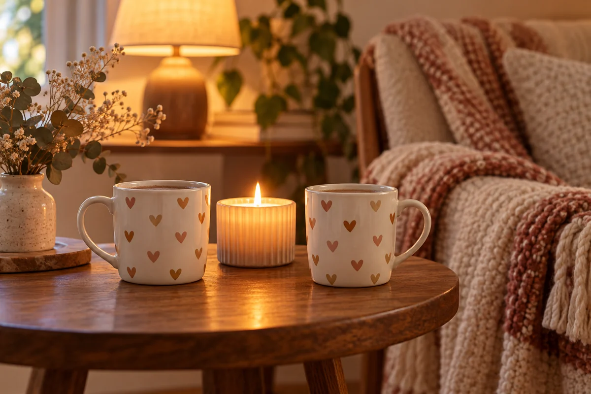 Two mugs on a small table with a candle between them