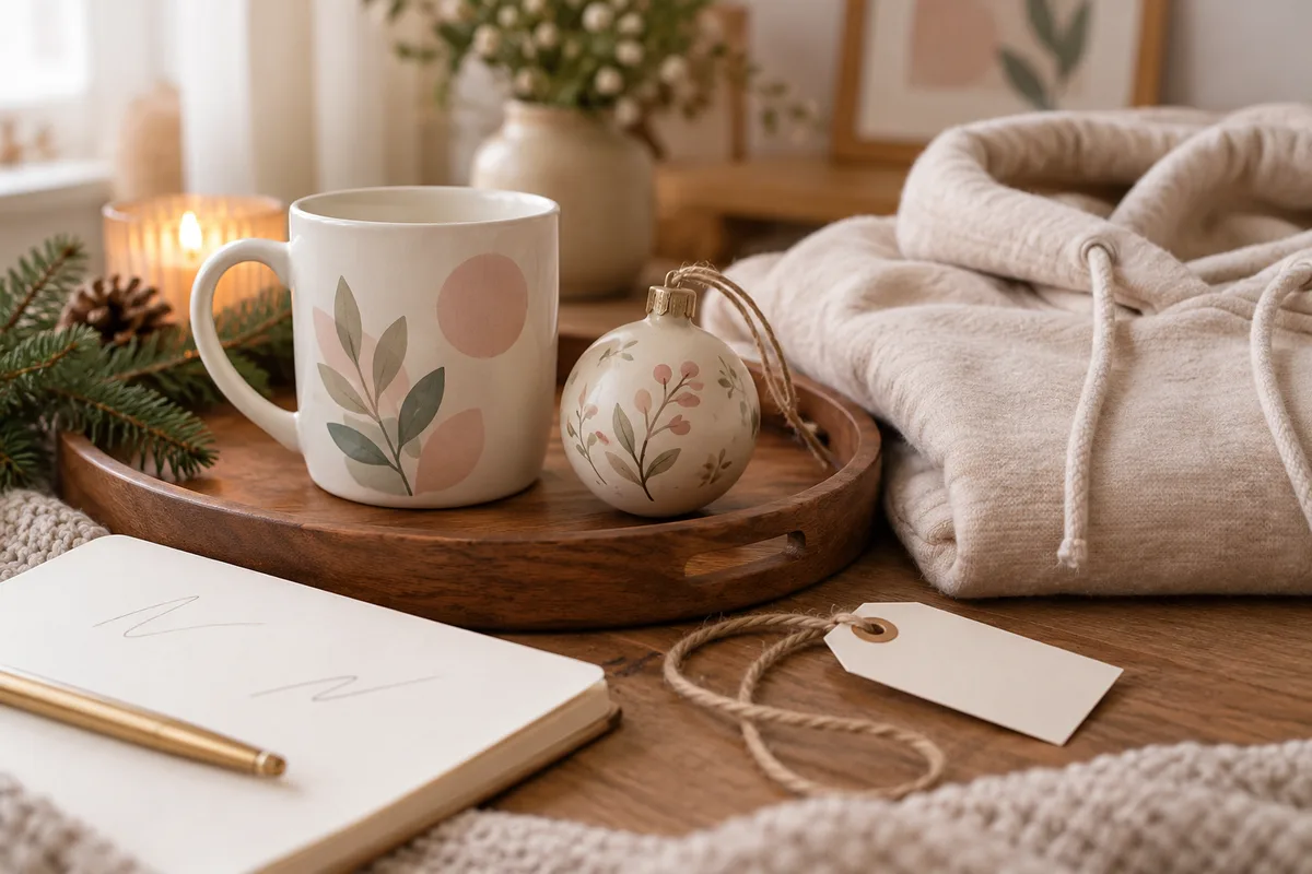 A mug and a small ornament on a tray beside a folded hoodie, as a gift set