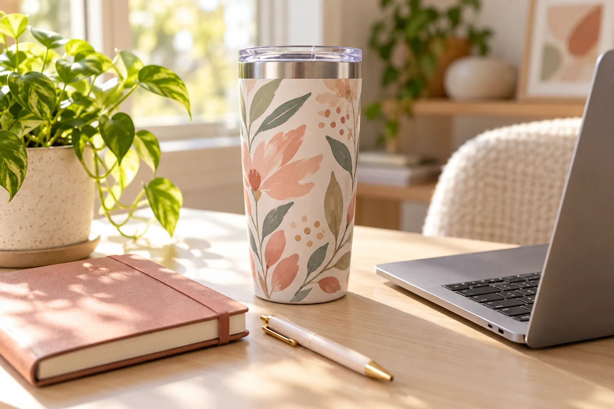 A tumbler and a notebook beside a laptop on a tidy desk