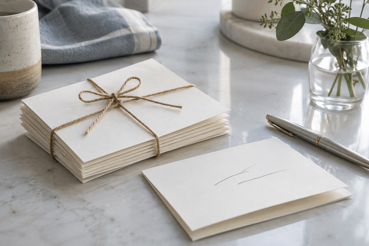 A stack of blank folded cards tied with twine on a pale counter