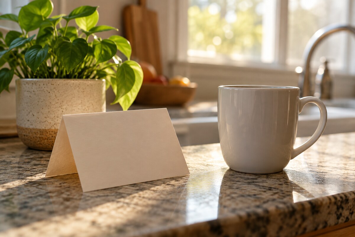 A folded blank note, a mug and a small plant on a kitchen counter