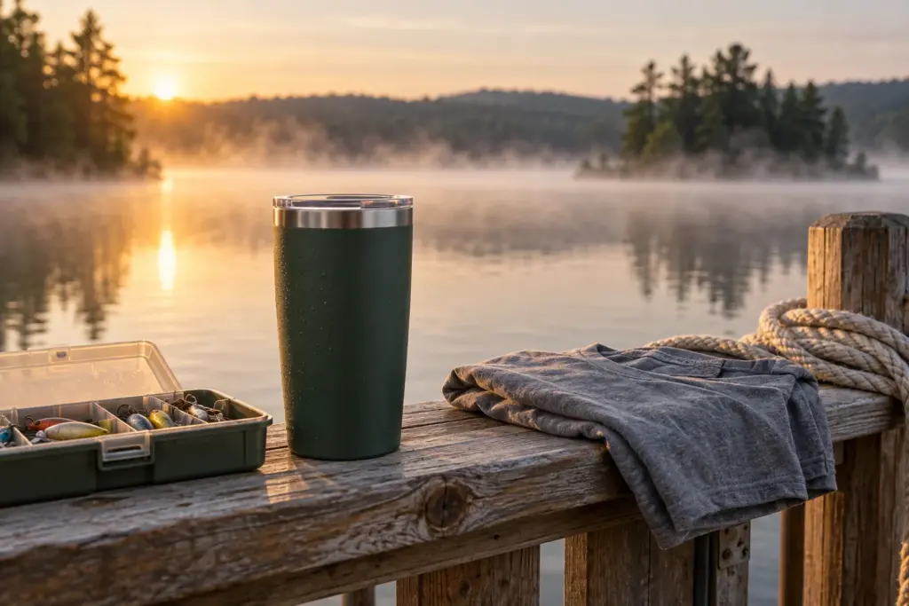 A tumbler, a tackle box and a folded tee on a dock railing at dawn above a misty lake.