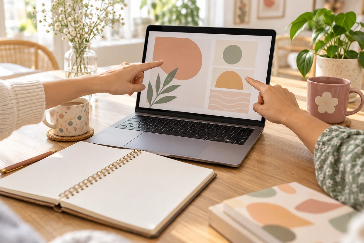 Two coworkers' hands pointing at a laptop screen with a simple layout