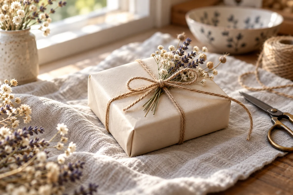A gift wrapped in plain paper with a sprig of dried flowers under the string