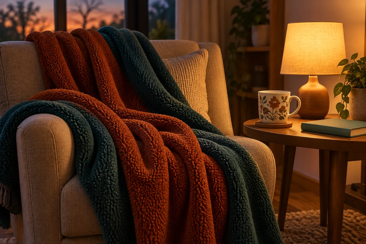 A fleece blanket draped over a chair beside a mug and a small lamp in the evening.
