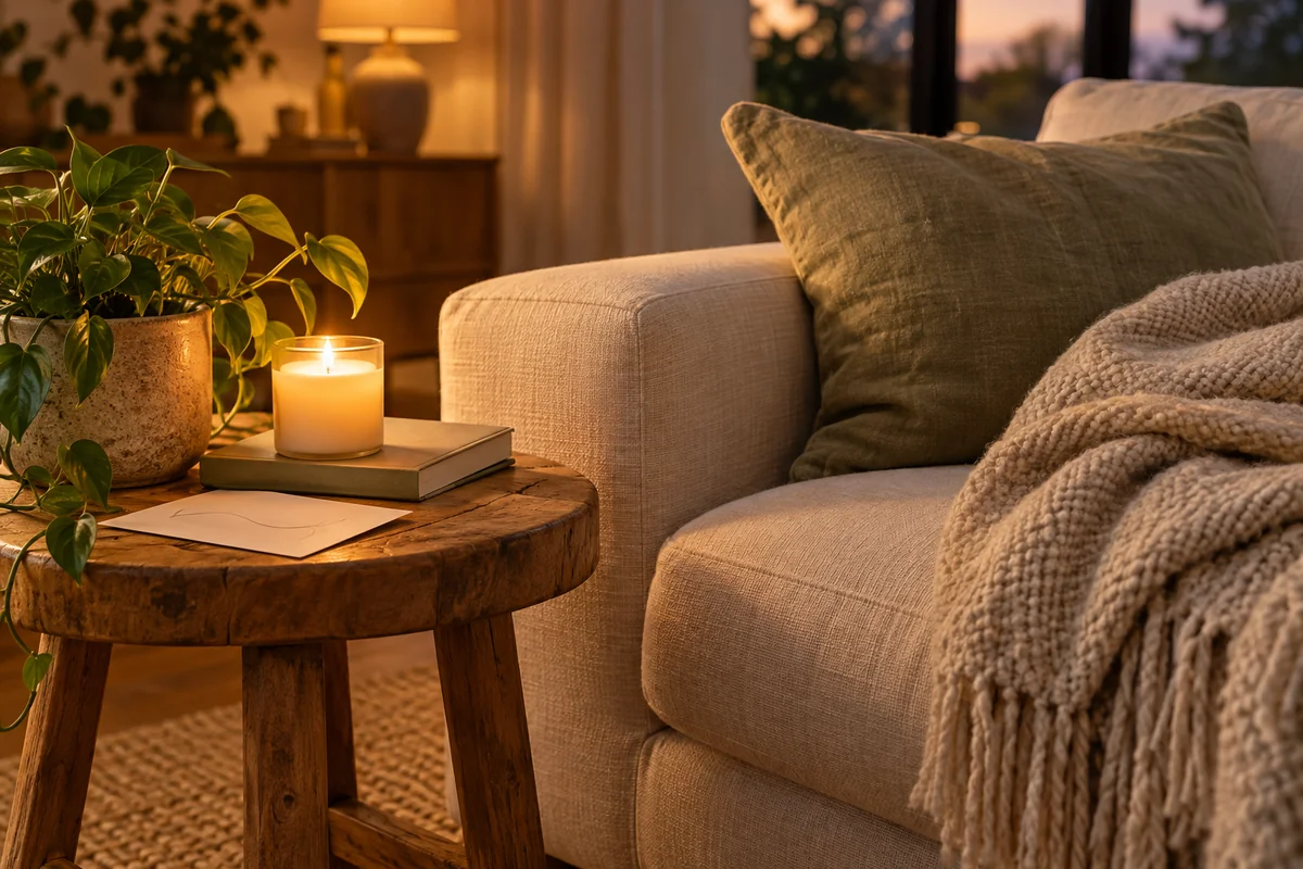 A single candle in a jar next to a small plant and a folded blanket on a sofa.