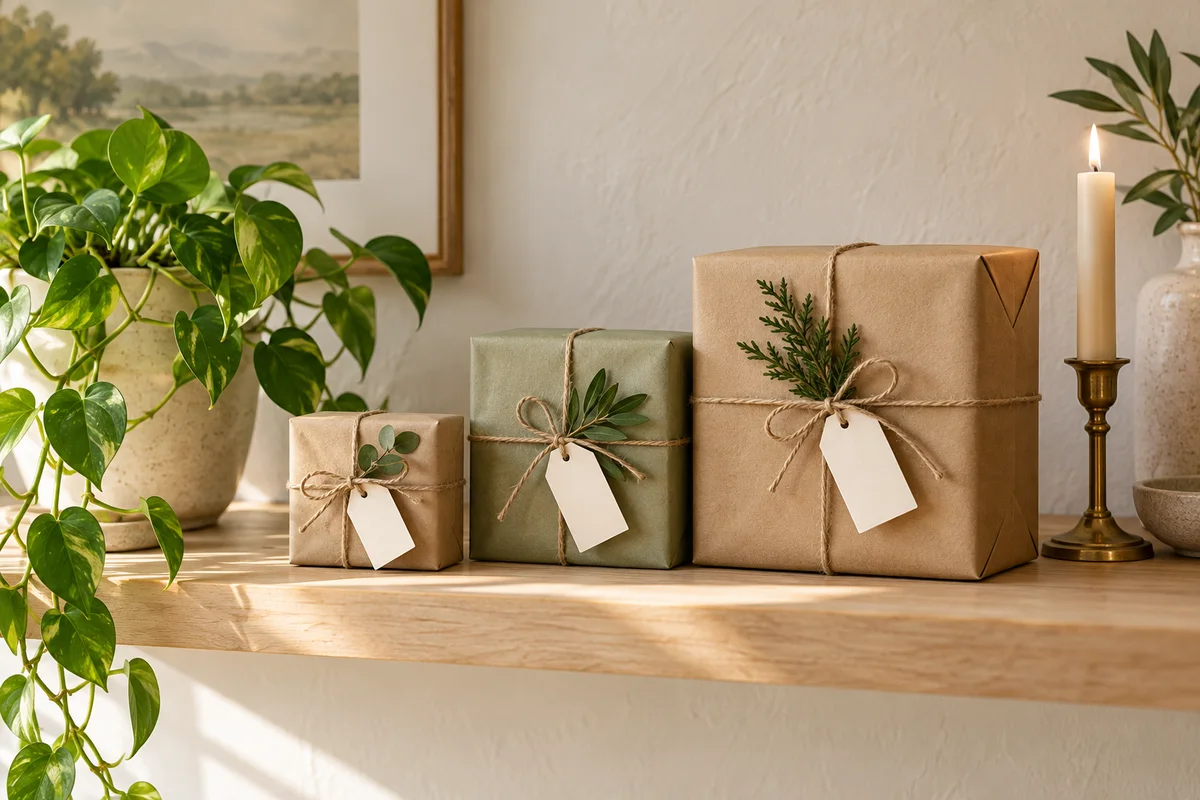 Three gift bundles of different sizes arranged from small to large on a pale shelf.
