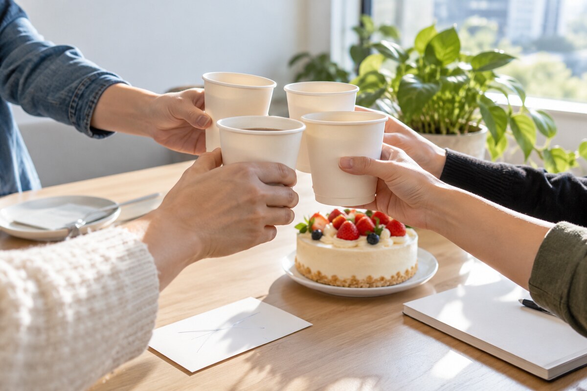 A group of hands holding paper cups raised together over a conference table