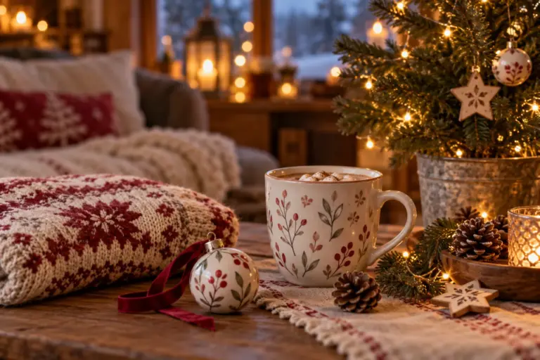 A winter holiday table with an ornament, a mug and a folded sweatshirt beside a small tree and string lights