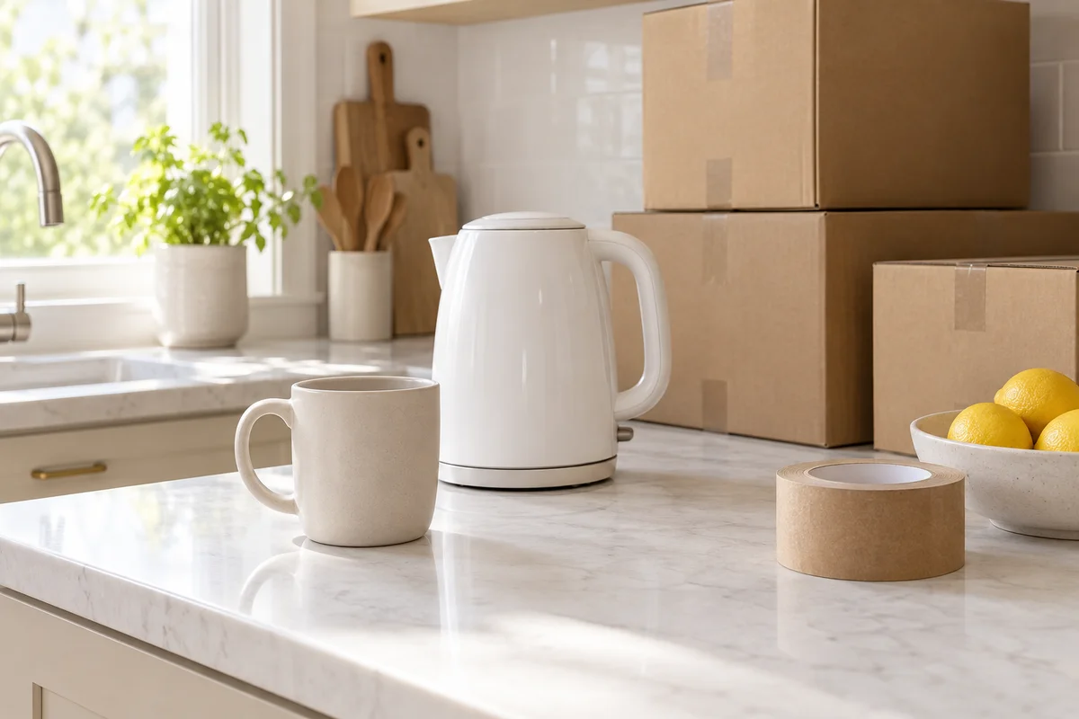 A single plain mug on a kitchen counter next to a stack of unopened boxes and a kettle.