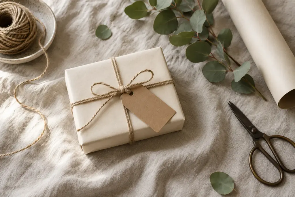 A small gift in plain paper with twine and a blank tag on a cloth beside scissors.