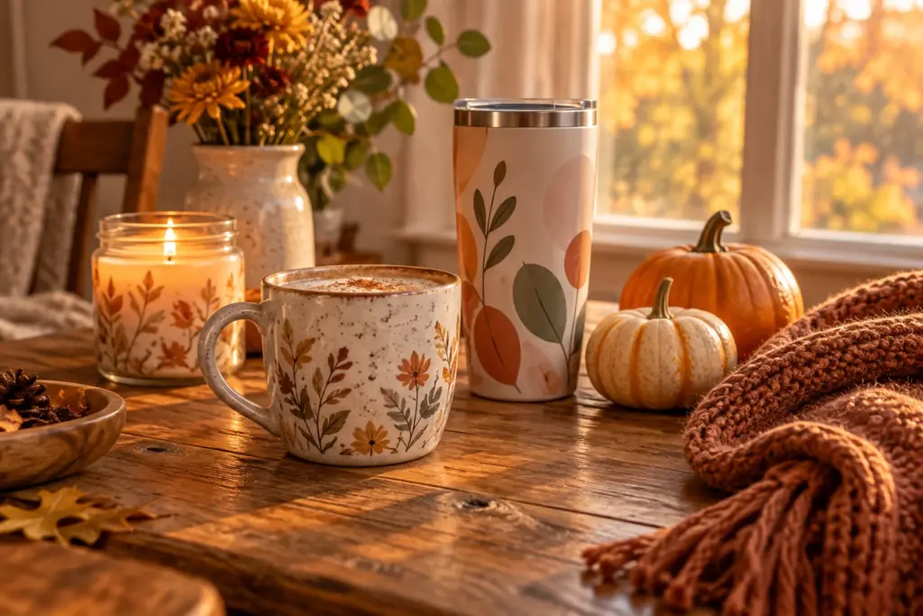 An autumn table with a mug, a candle and a tumbler beside small pumpkins and a knitted scarf