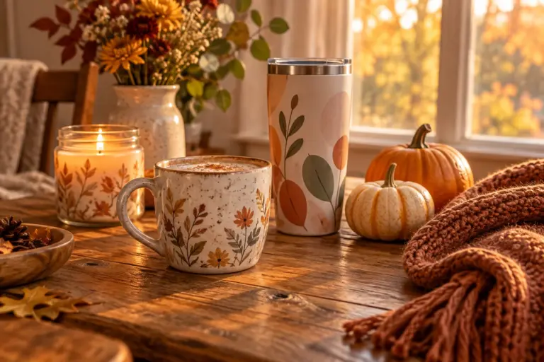 An autumn table with a mug, a candle and a tumbler beside small pumpkins and a knitted scarf