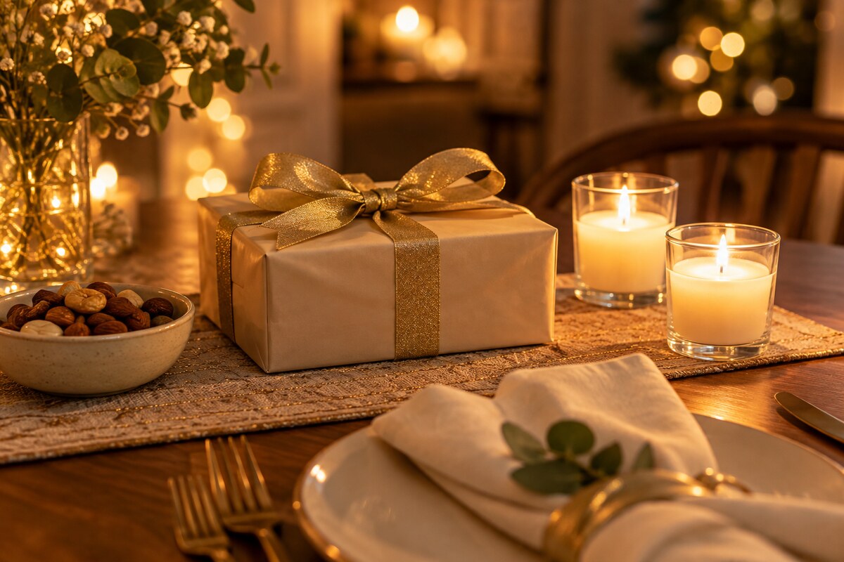 A wrapped gift box with gold ribbon beside two small candles in plain jars on an evening table