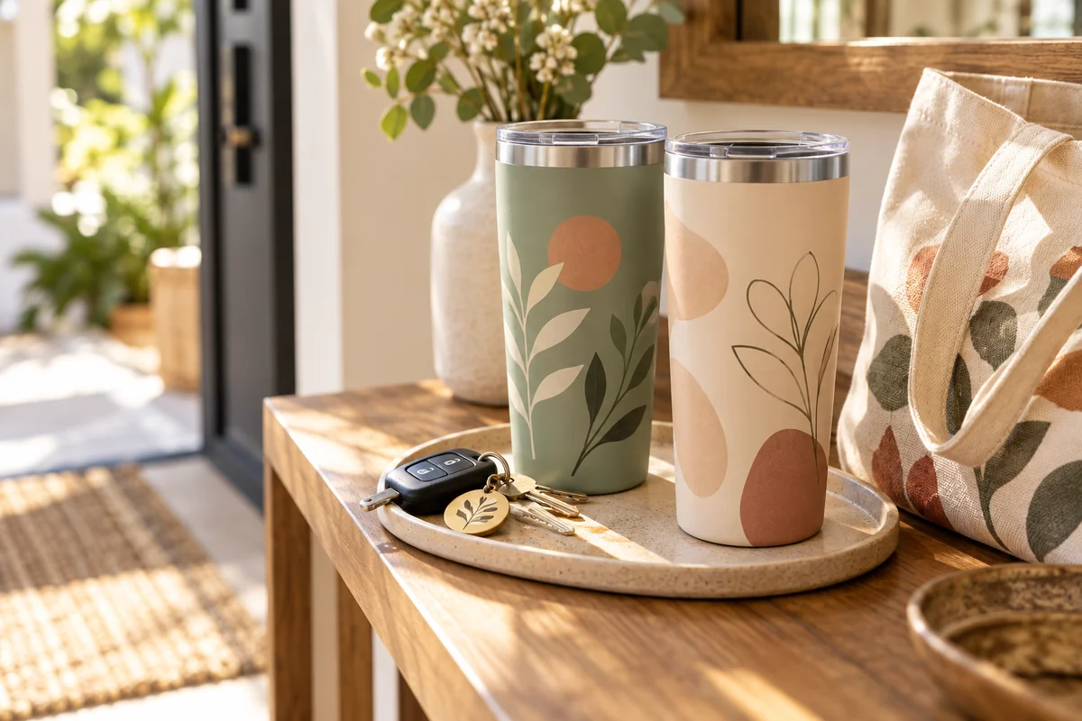 A pair of tumblers in different colors on a car-friendly tray