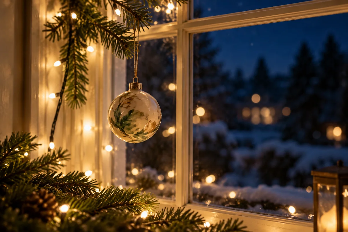 A small ornament hanging in a window beside a string of warm lights.