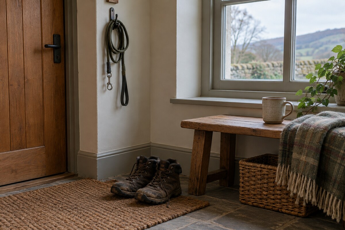 A dog leash on a hook and muddy boots on a mat by a door, with a mug on a windowsill.