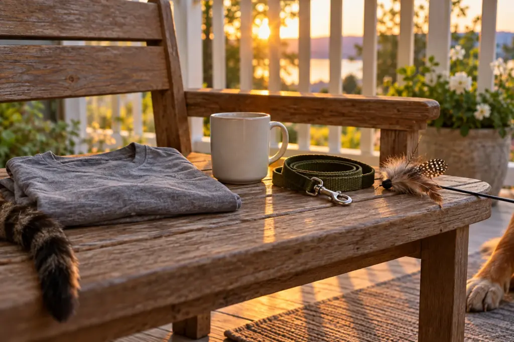 A folded tee and a mug on a porch bench with a dog leash and a cat toy side by side.